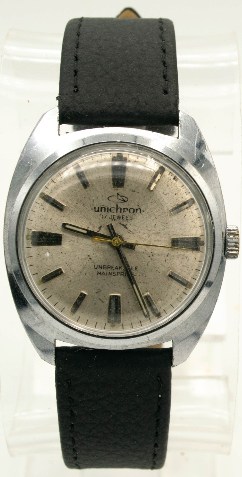 Vintage Unichron 17 Jewels Swiss Manual Watch Patina Silver Dial Running
