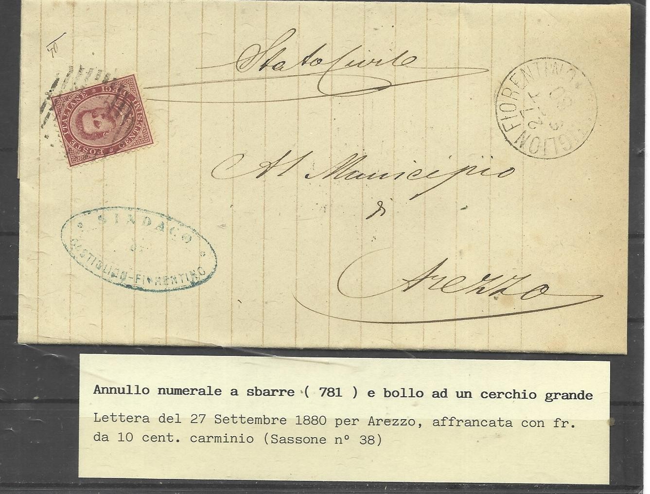 1880 10C WITH NUMERICAL CANCELLATION WITH BARS 781 ON ENVELOPE FROM CASTIGLION FLORENTINE 1880 10C WITH NUMERICAL CANCELLATION WITH BARS 781 ON ENVELOPE FROM CASTIGLION FLORENTINE