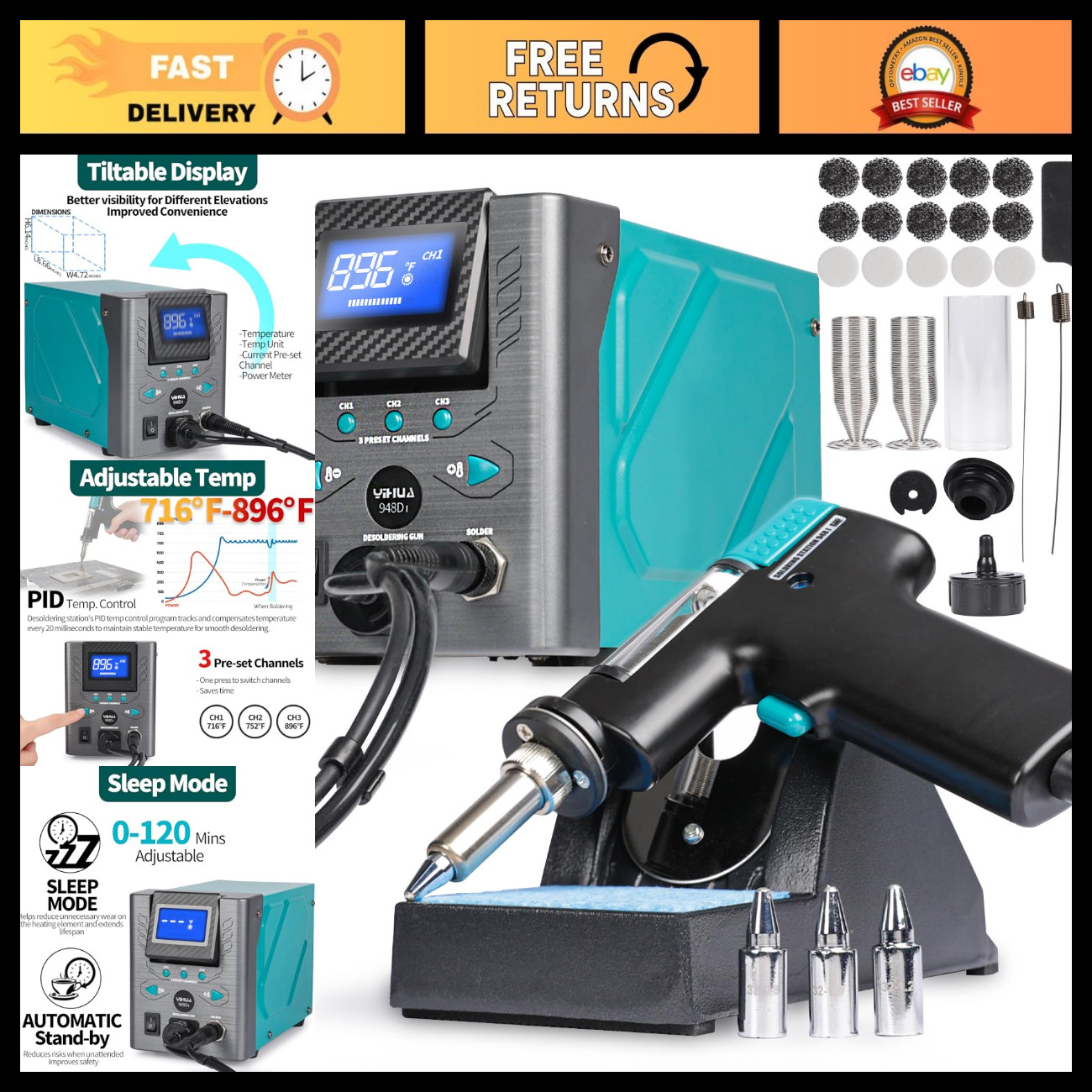 High-Performance 110W Desoldering Station, ESD-Safe, Temp Control 716-896°F, 3 C