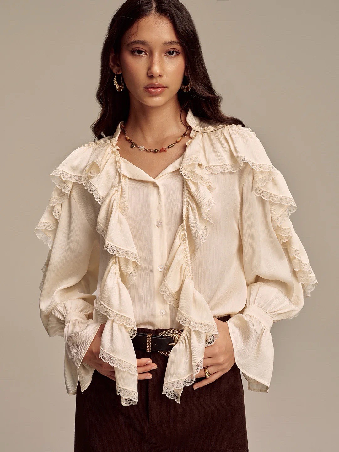 Commense Blouse Top Ruffle Lace Ivory Cream Large L Commense Blouse Top Ruffle Lace Ivory Cream Large L