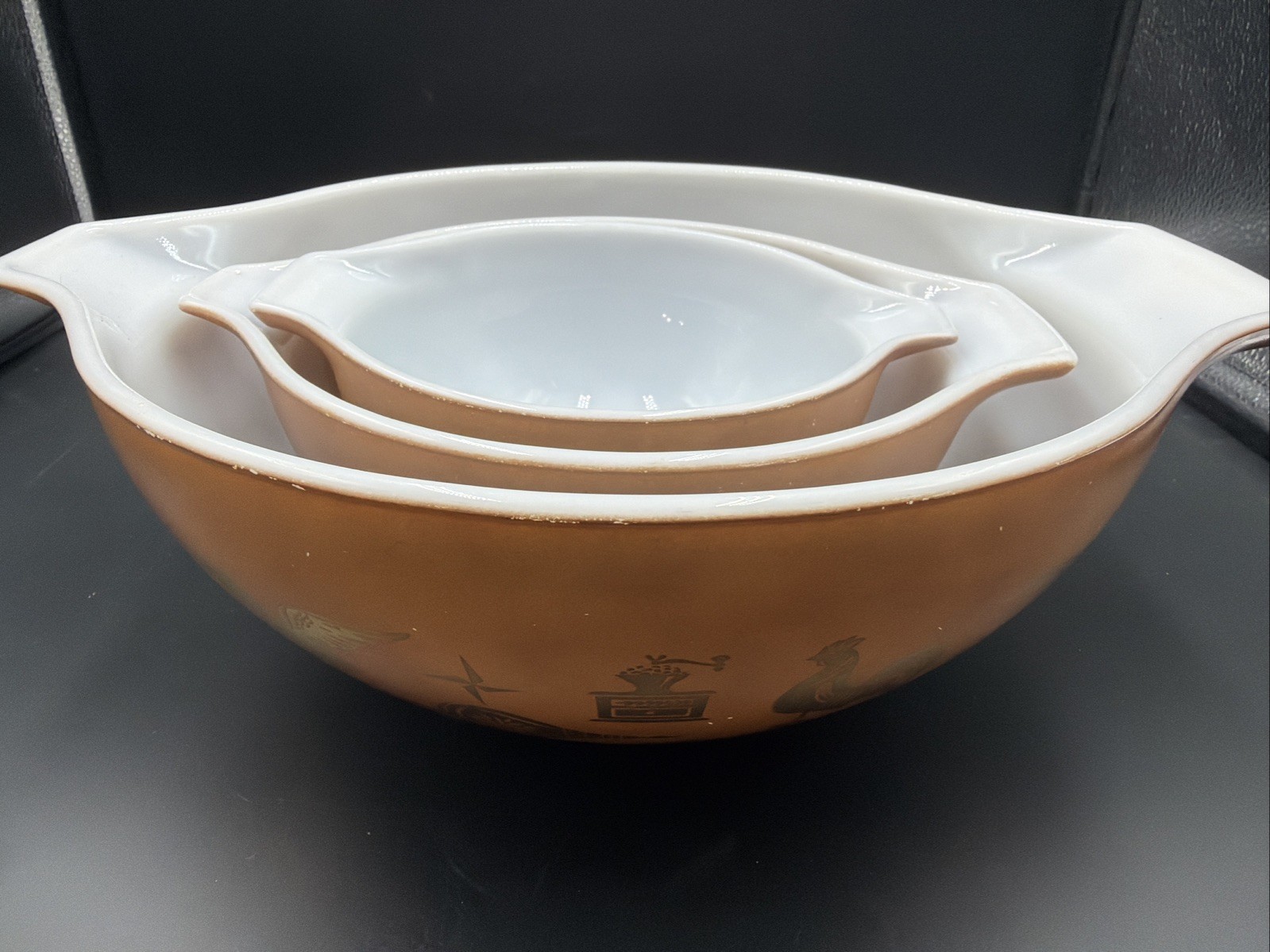Vintage Pyrex Early American Set of 3 Cinderella Mixing Bowls 444,442,441 Vintage Pyrex Early American Set of 3 Cinderella Mixing Bowls 444,442,441