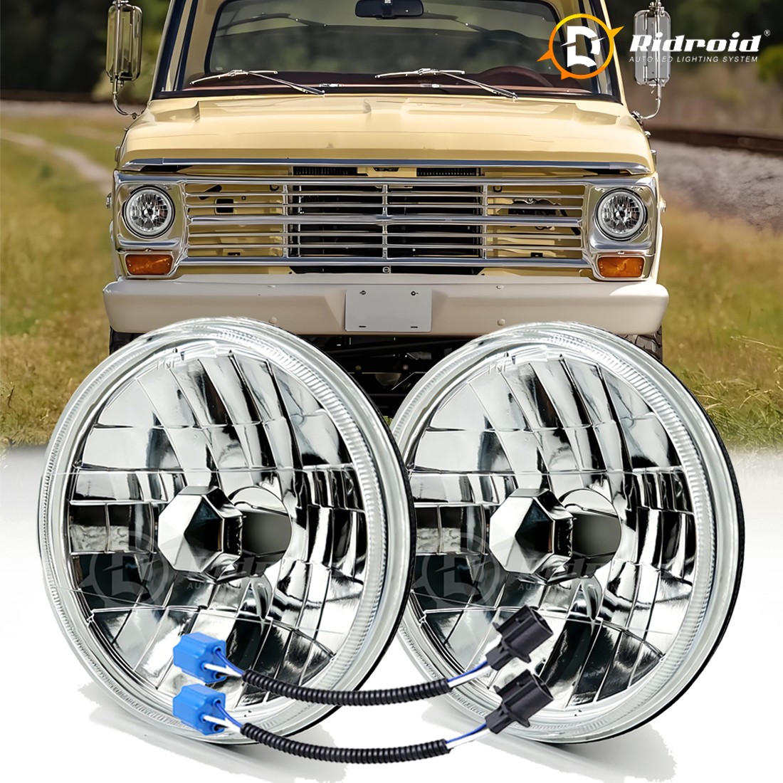 Pair 7 Inch led GLASS Headlight Round, ORIGINAL CLASSIC LOOK Conversion Chrome