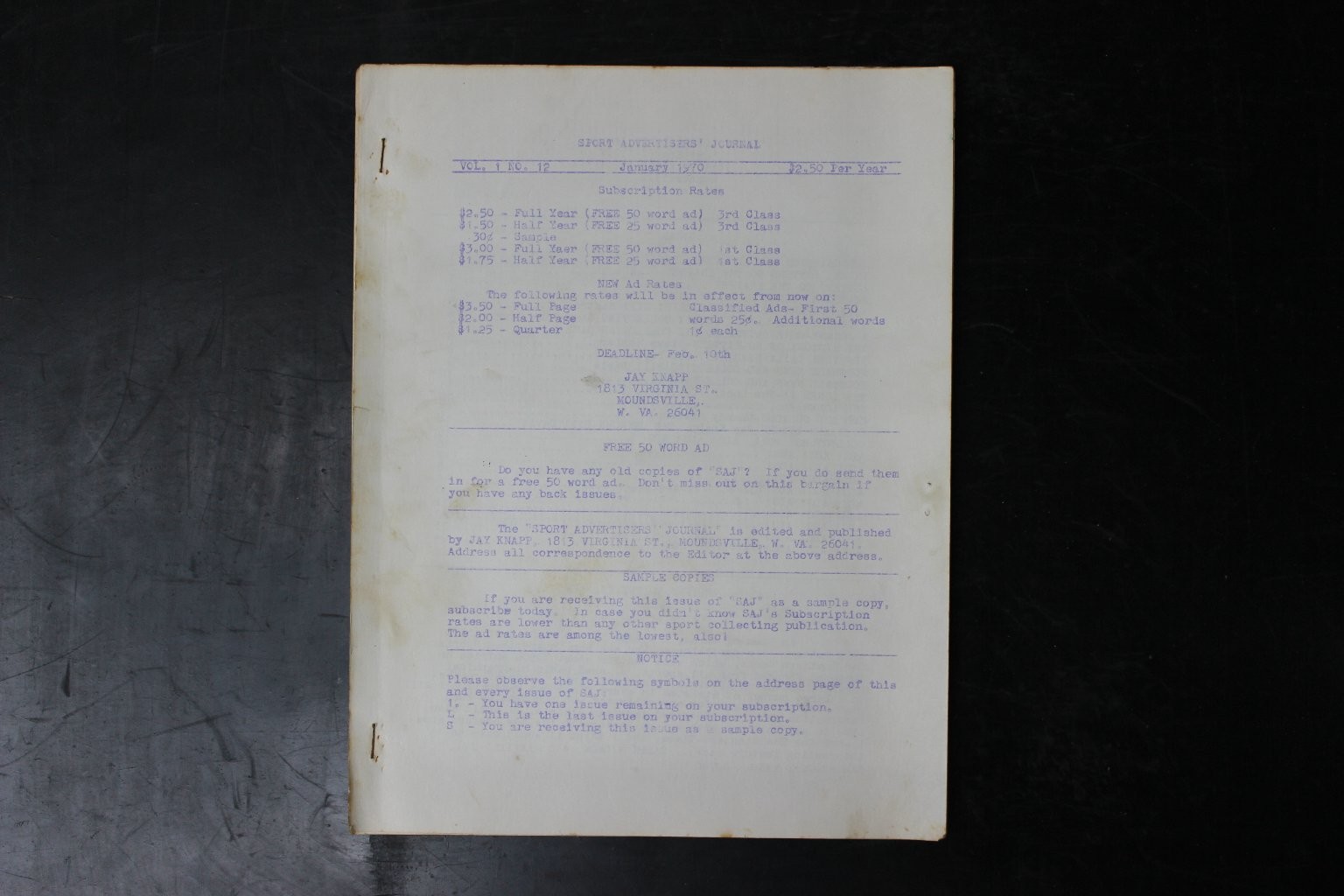 Sport Advertisers\' Journal Magazine January 1970 Vol 1 No 12 Jay Slater