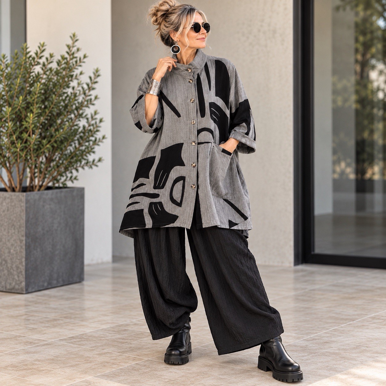 Mao Mam 100% Cotton Lagenlook Abstract Art to Wear Tunic Jacket Gray Black Boho