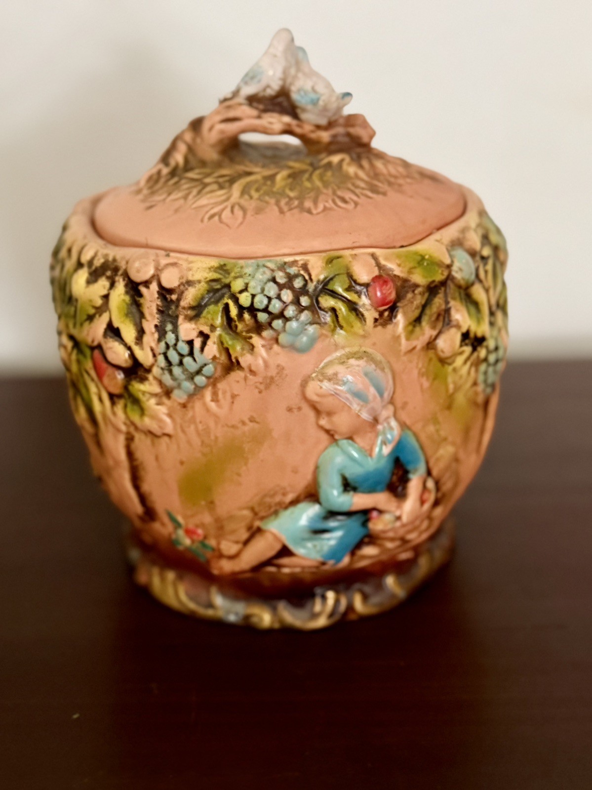 Vintage Napcoware Ceramic Cookie Jar, Little Girl With Harp Boy With Flute Doves
