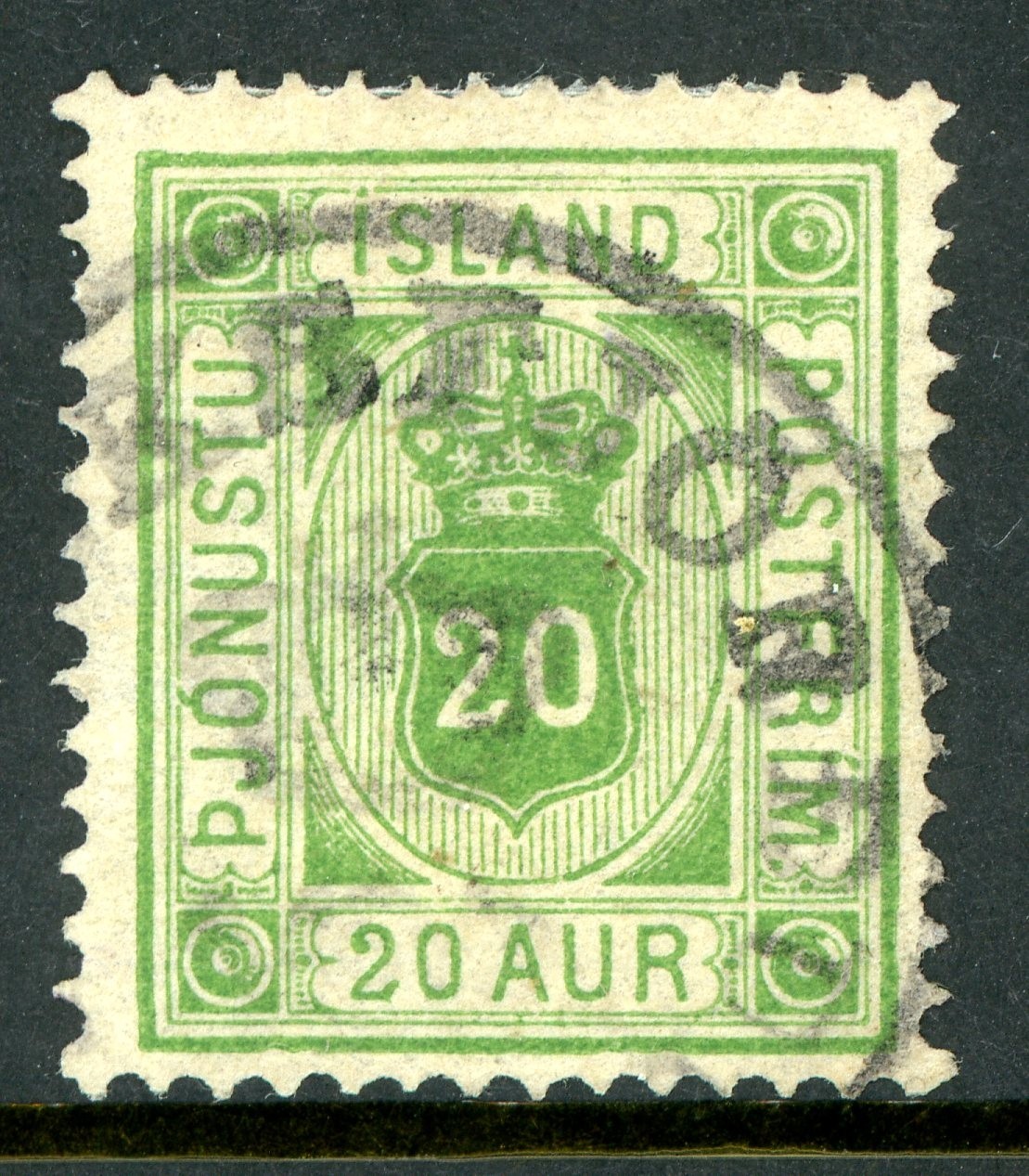 Iceland 1876 Official 20 Aur Yellow Green *Perf 14x13½* Scott #O8 VFU T851