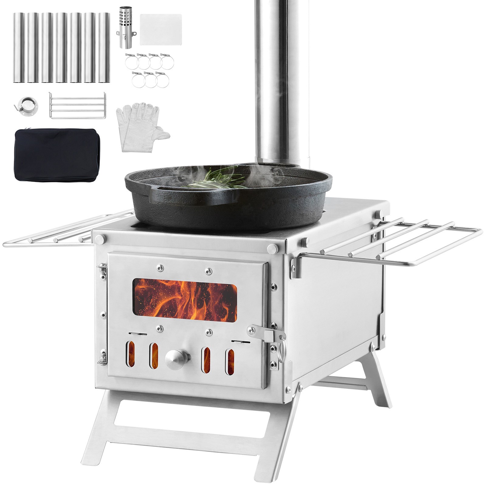Portable Wood Stove Camping Hot Tent BBQ Stove 80 in for Outdoor w/ Pipes