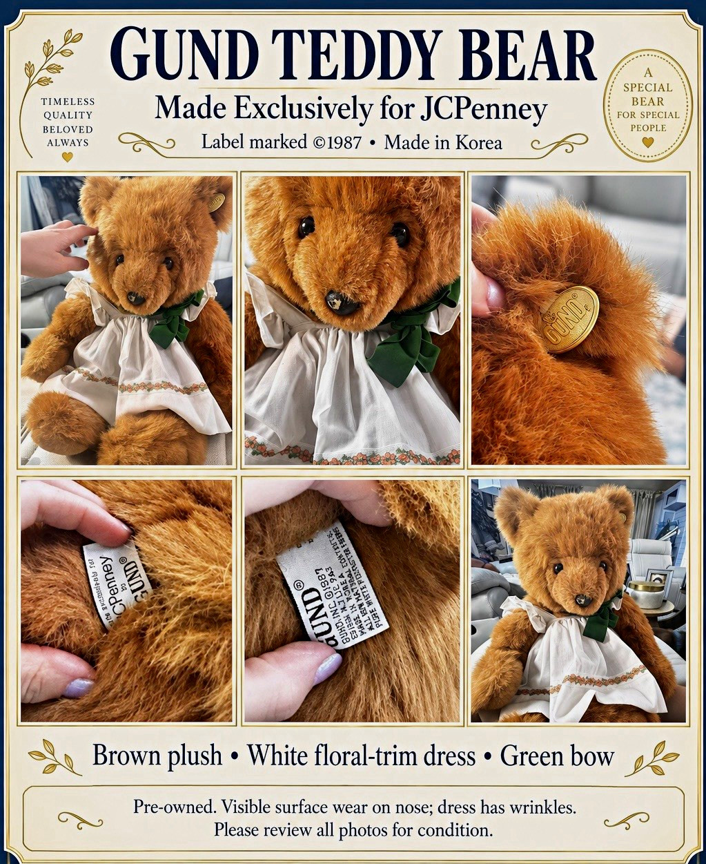 GUND Vintage 1987 Teddy Bear Medium Brown Plush Floral Dress Green Bow JCPenney GUND Vintage 1987 Teddy Bear Medium Brown Plush Floral Dress Green Bow JCPenney