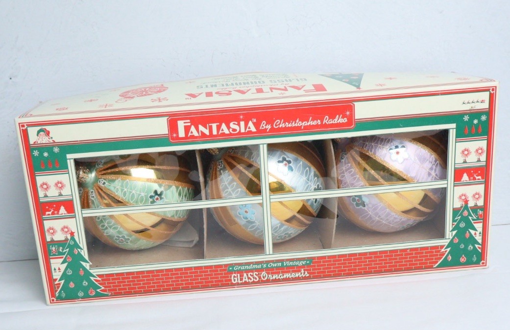 VTG Fantasia By Christopher Radko Boudoir Lace 4” Glass Ornaments & Original Box
