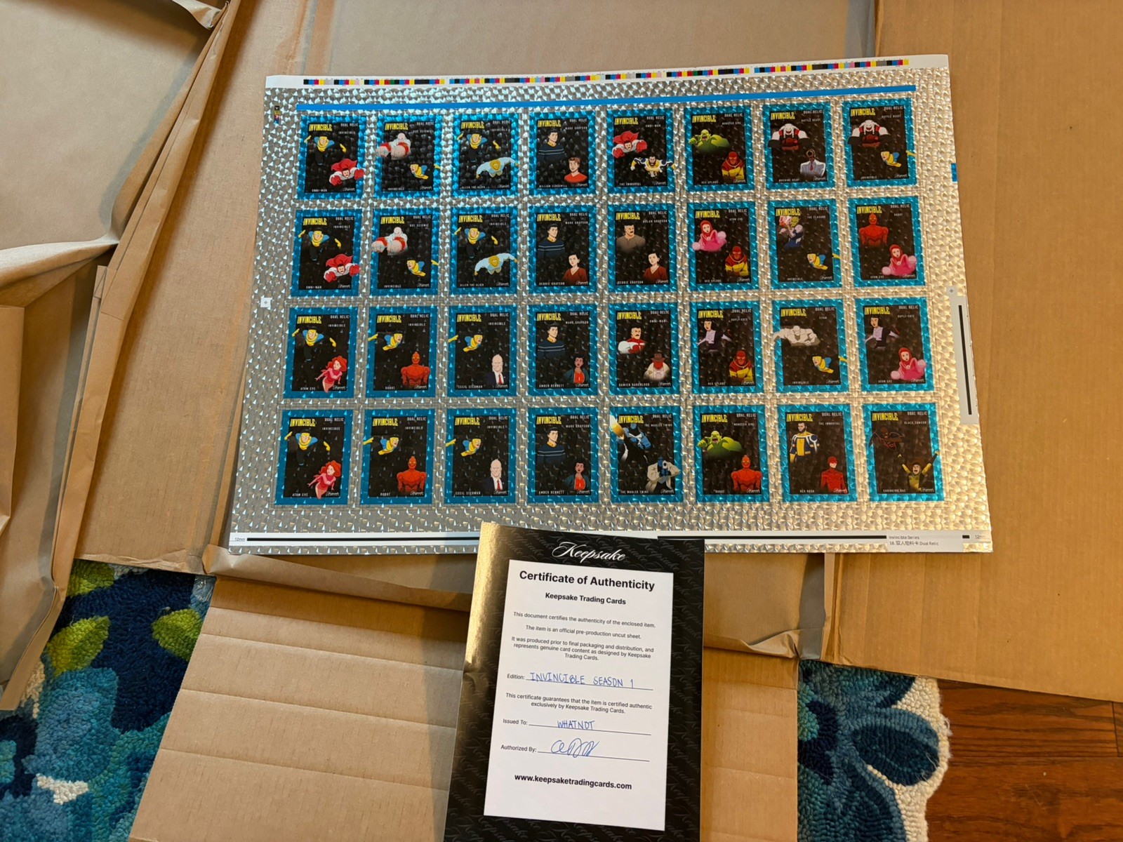 Invincible Keepsake Season 1 - Dual Relic Holo Uncut Sheet W/ CoA Invincible Keepsake Season 1 - Dual Relic Holo Uncut Sheet W/ CoA