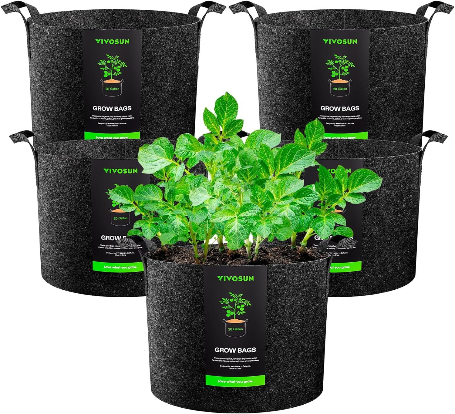 VIVOSUN 5-Pack 20 Gallon Grow Bags Heavy Duty Nonwoven Fabric Pots w/ Handles