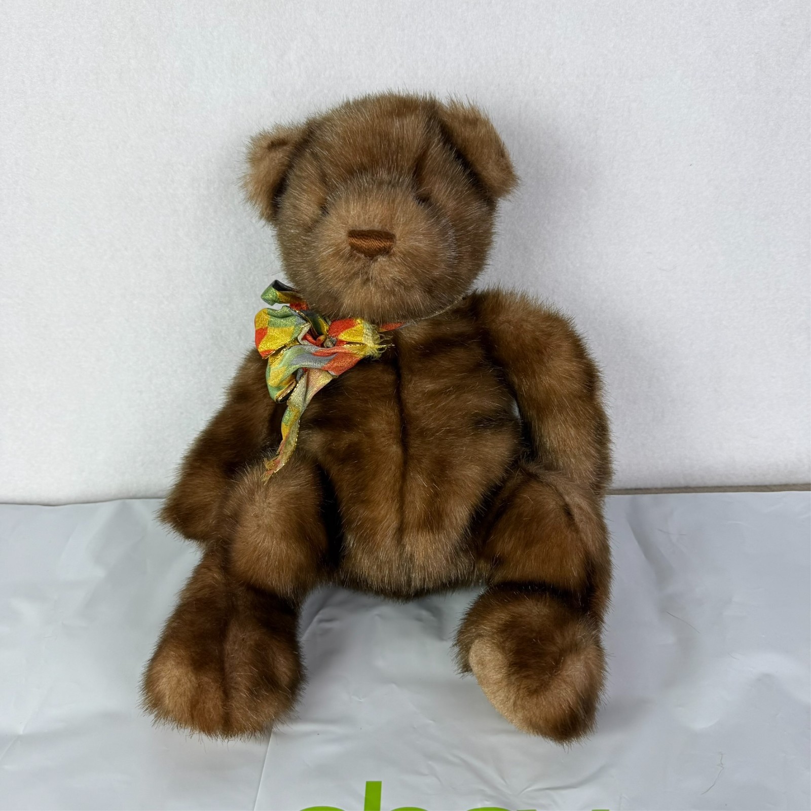 Gund Minky Teddy Bear Large 14 Inch Vintage Jointed Faux Mink Fur Brown Bow