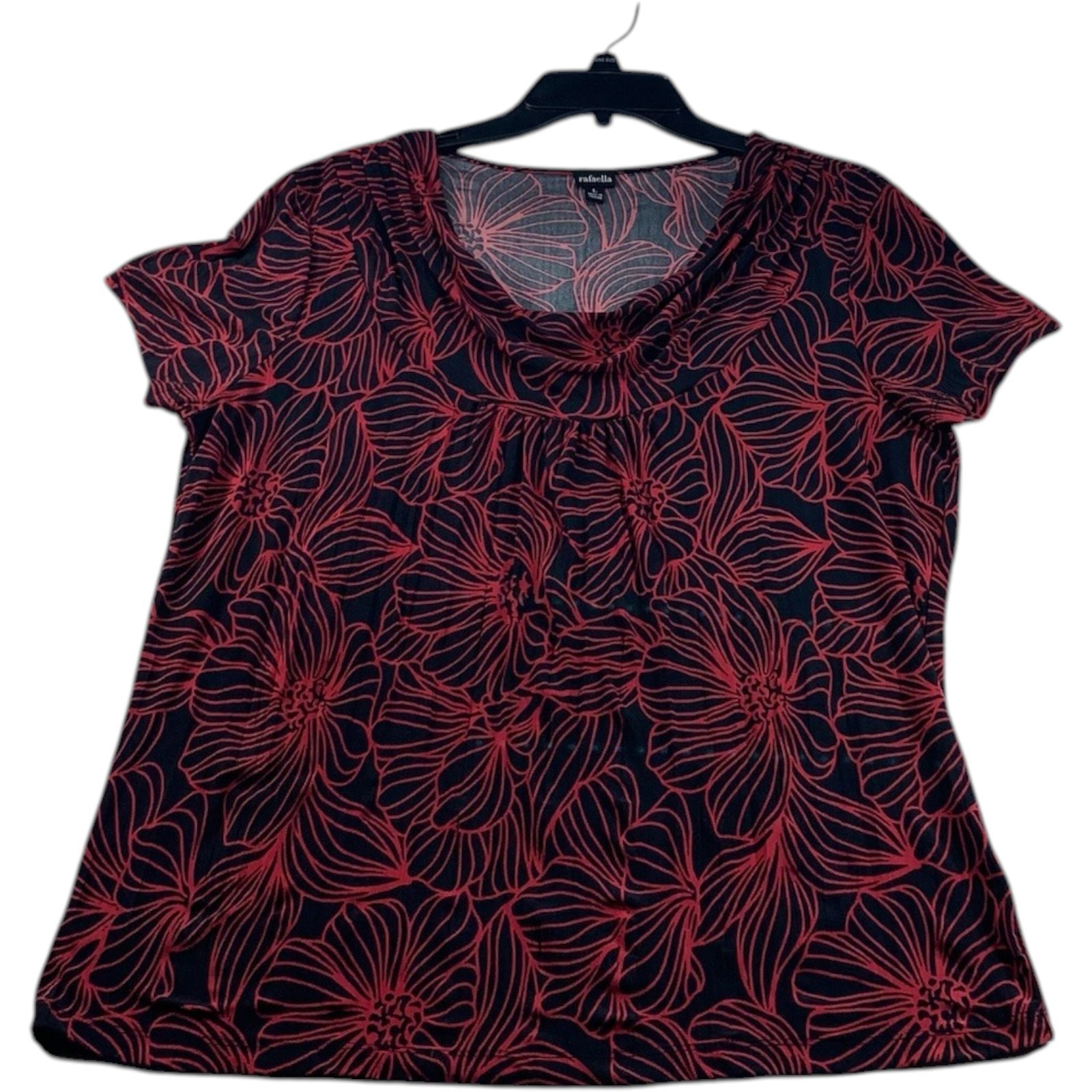 Rafaella Blouse Womens Size Large Black Red Floral Short Sleeve Stretch