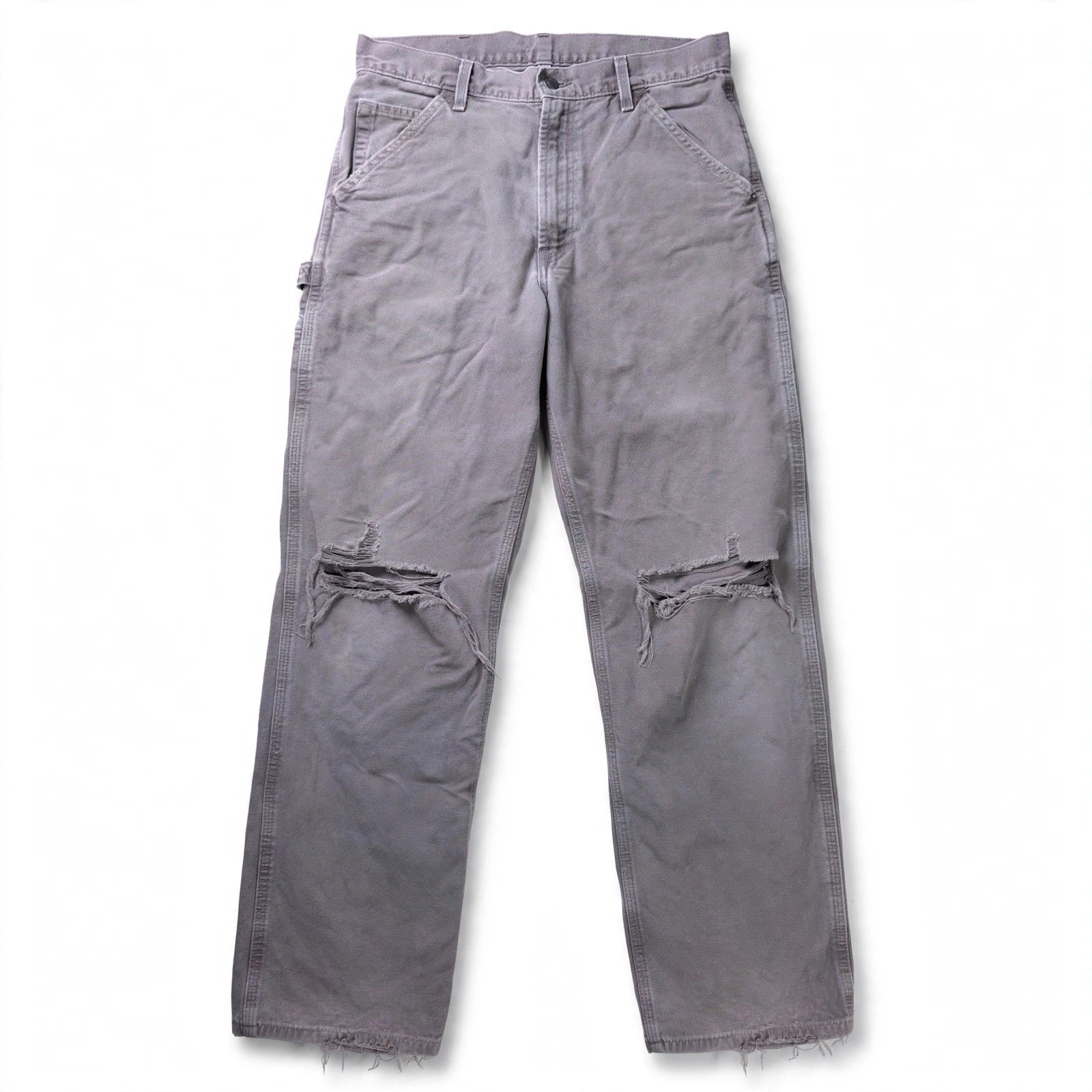 Carhartt Mens Gray Carpenter Work Pants Distressed Knee Holes Tool Pockets