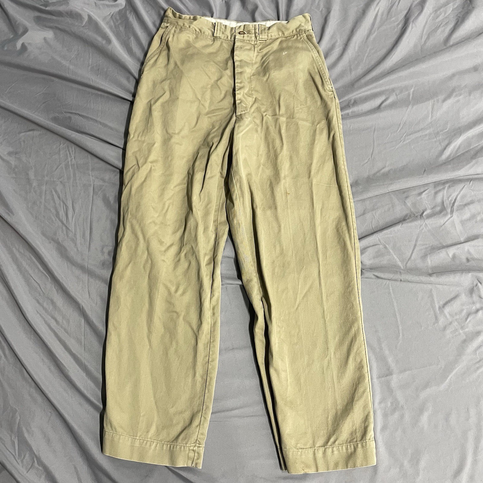 Vintage 50s US Military Khaki Trousers Size 27x27 Button Fly Twill Chino Pants