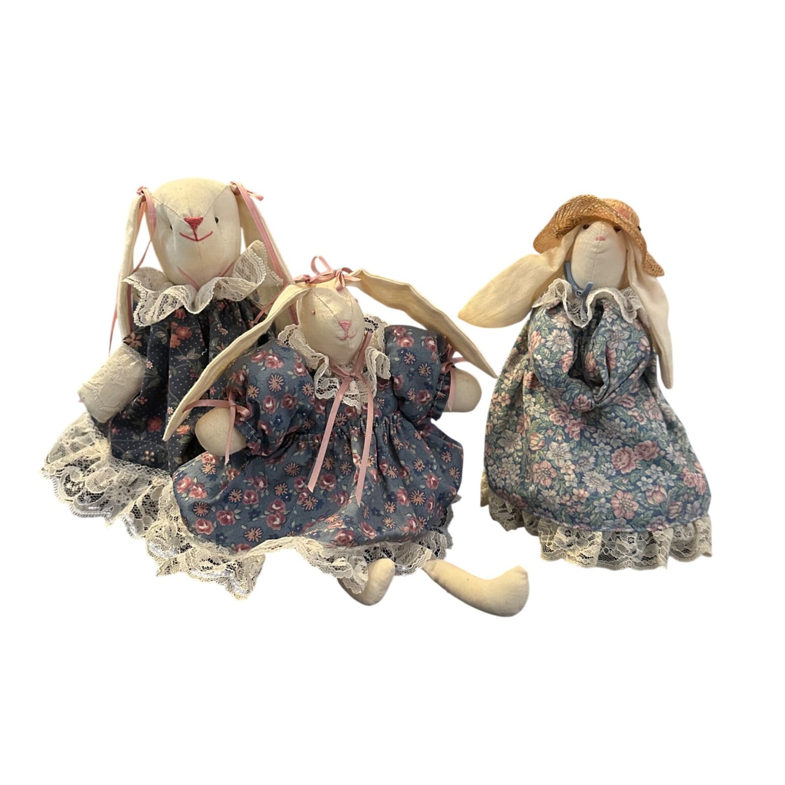 Handcrafted Country Vintage Fabric Bunny Dolls Lace Floral Dresses Set Of 3