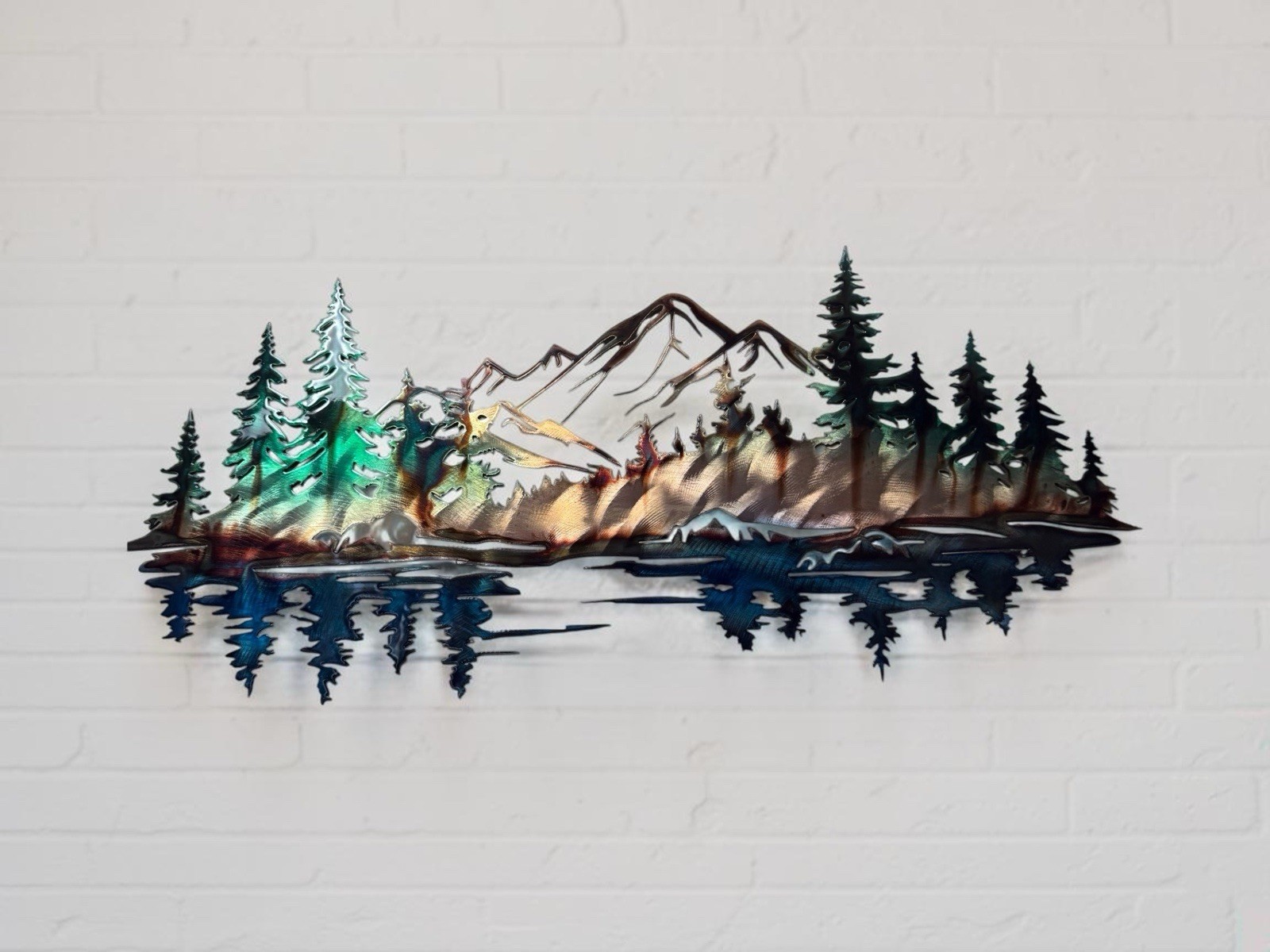 Mountain Reflections Metal Wall Art  Copper Blue Green 47 1/2