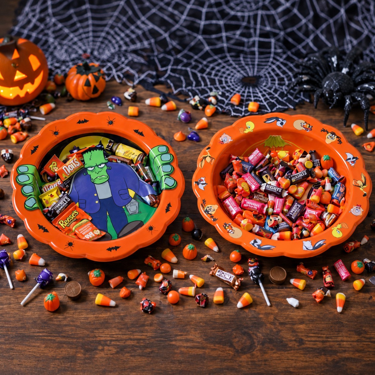 Vintage 1996 Looney Tunes Taz Frankenstein Halloween Plastic Candy Bowls Set 2