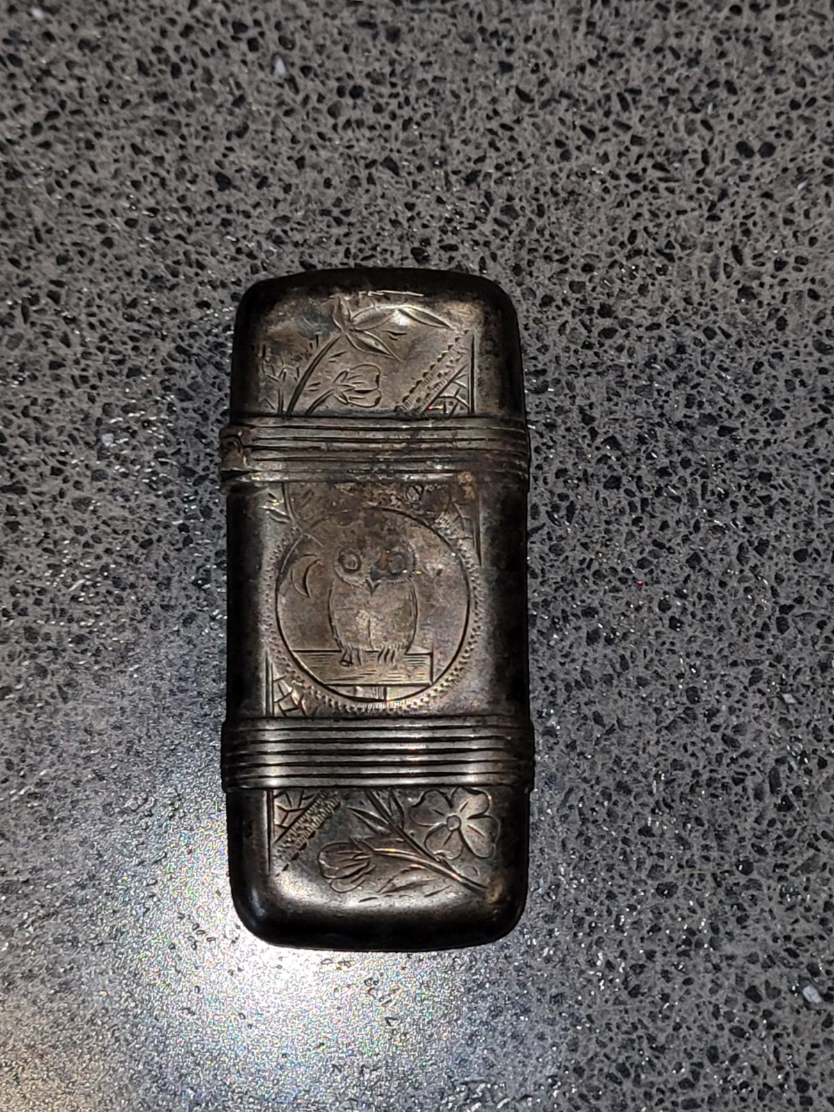 Antique Sterling Silver Vesta Case Match Safe Etched Owl Engraved Monogram 
