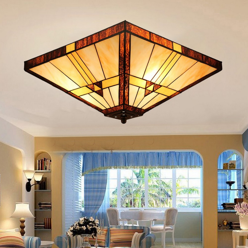 Tiffany Style Vintage Mission Stained Shade Flush Mount Ceiling Light Fixture