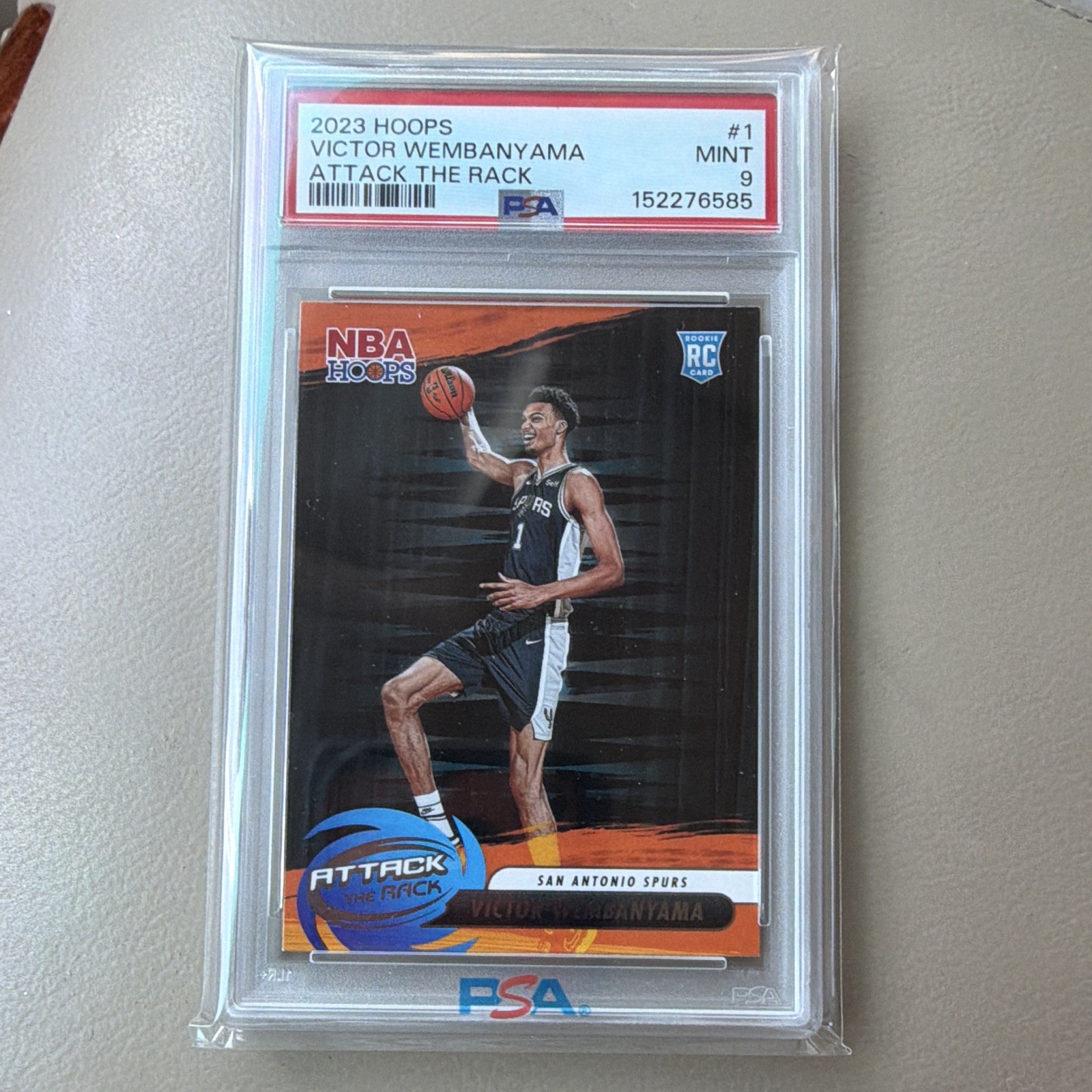 Panini 2023-24 NBA Hoops Victor Wembanyama Attack the Rack #1 RC PSA 9 Panini 2023-24 NBA Hoops Victor Wembanyama Attack the Rack #1 RC PSA 9