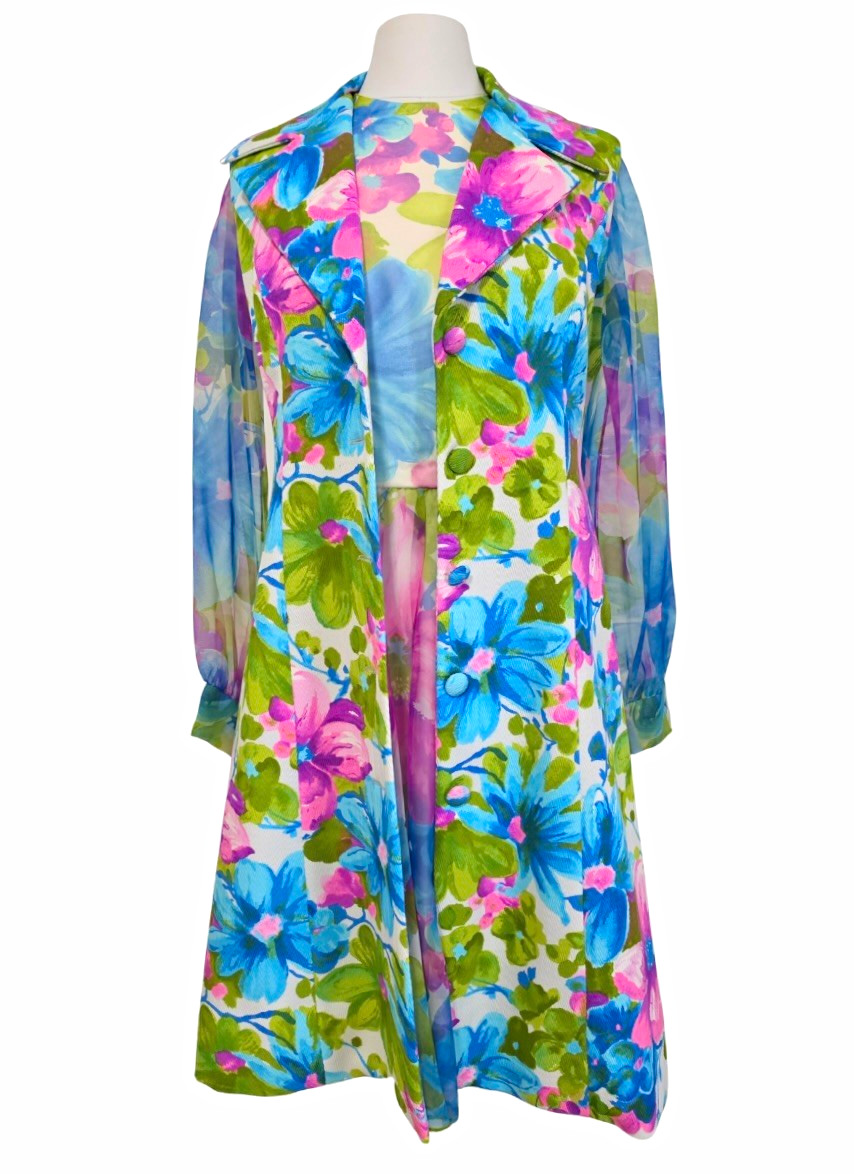 Vintage 1960’s Jack Bryan Floral Chiffon Dress with Sleeveless Duster Vest Vintage 1960’s Jack Bryan Floral Chiffon Dress with Sleeveless Duster Vest