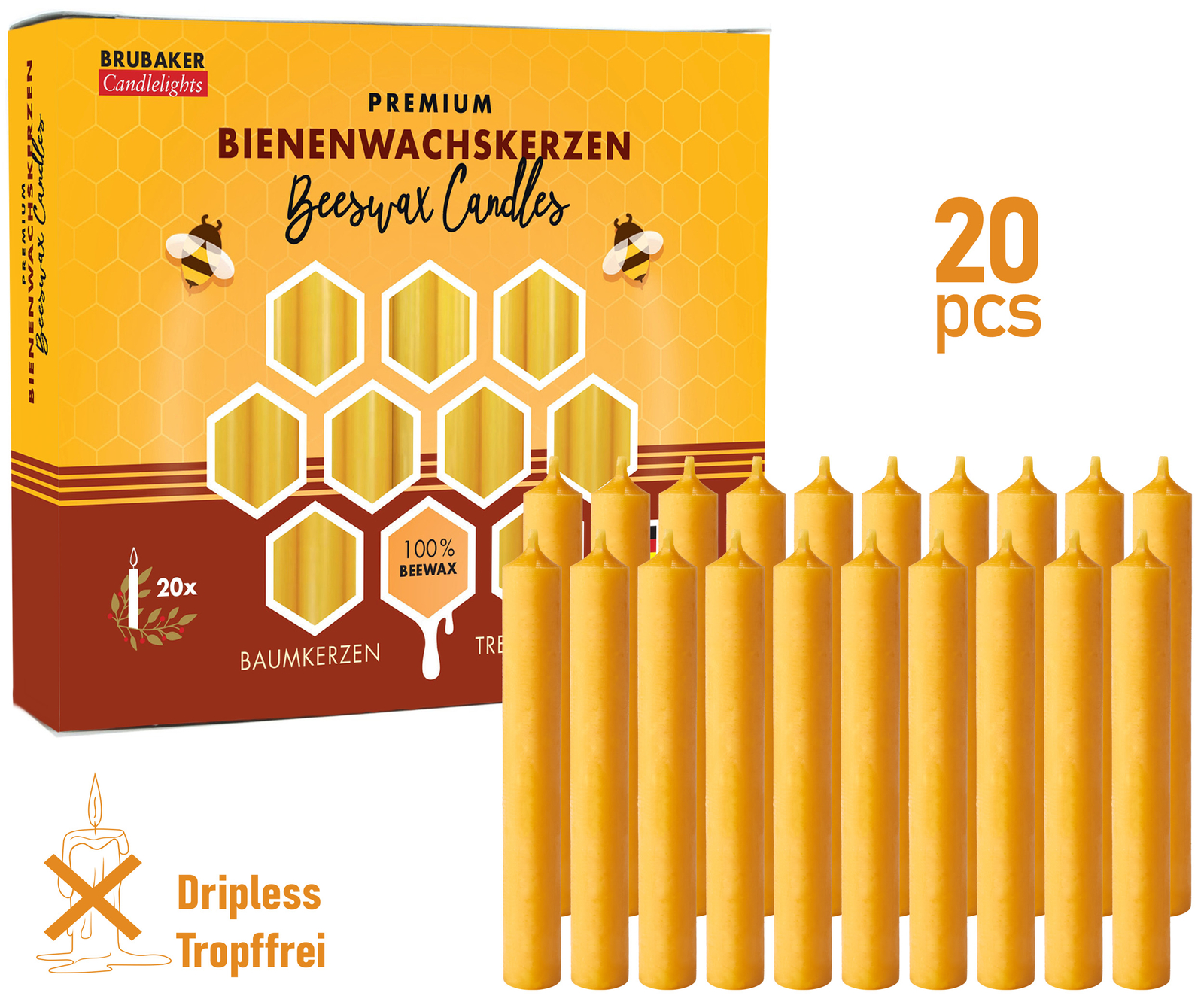 BRUBAKER 100% Beeswax Tree Candles - Pack of 20 - Honey Colored - 3.74\ BRUBAKER 100% Beeswax Tree Candles - Pack of 20 - Honey Colored - 3.74\