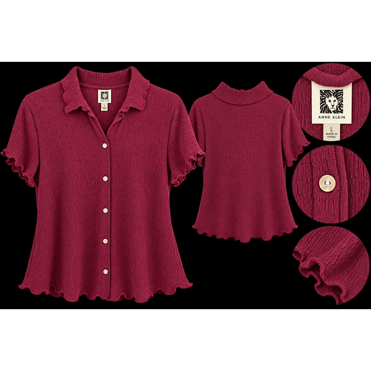 NWT Anne Klein Burgundy Textured Button Front Blouse Women L Chianti Ruffle Hem