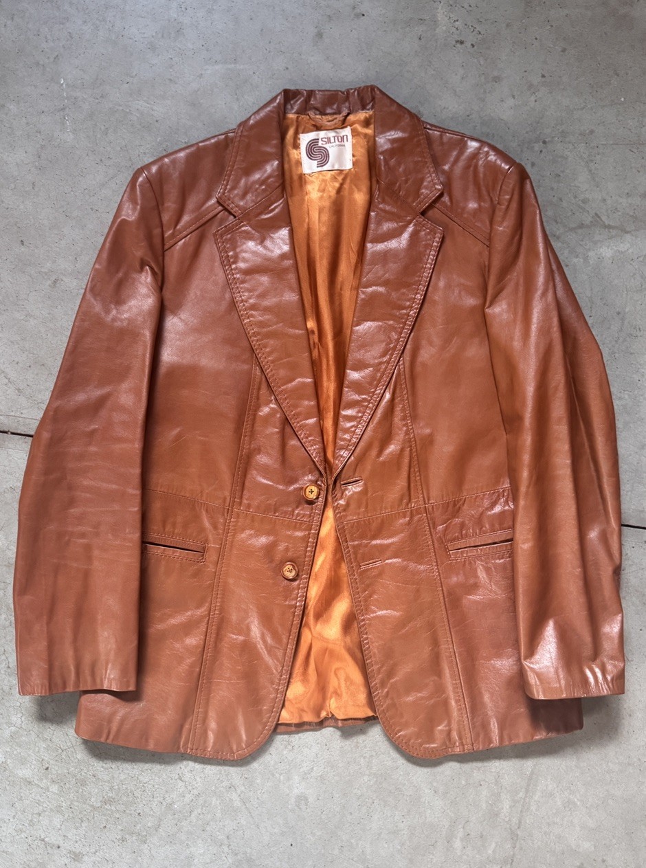 Vintage 70s Silton California Leather Blazer Cognac Brown, Satin Lined Men\'s S/M Vintage 70s Silton California Leather Blazer Cognac Brown, Satin Lined Men\'s S/M