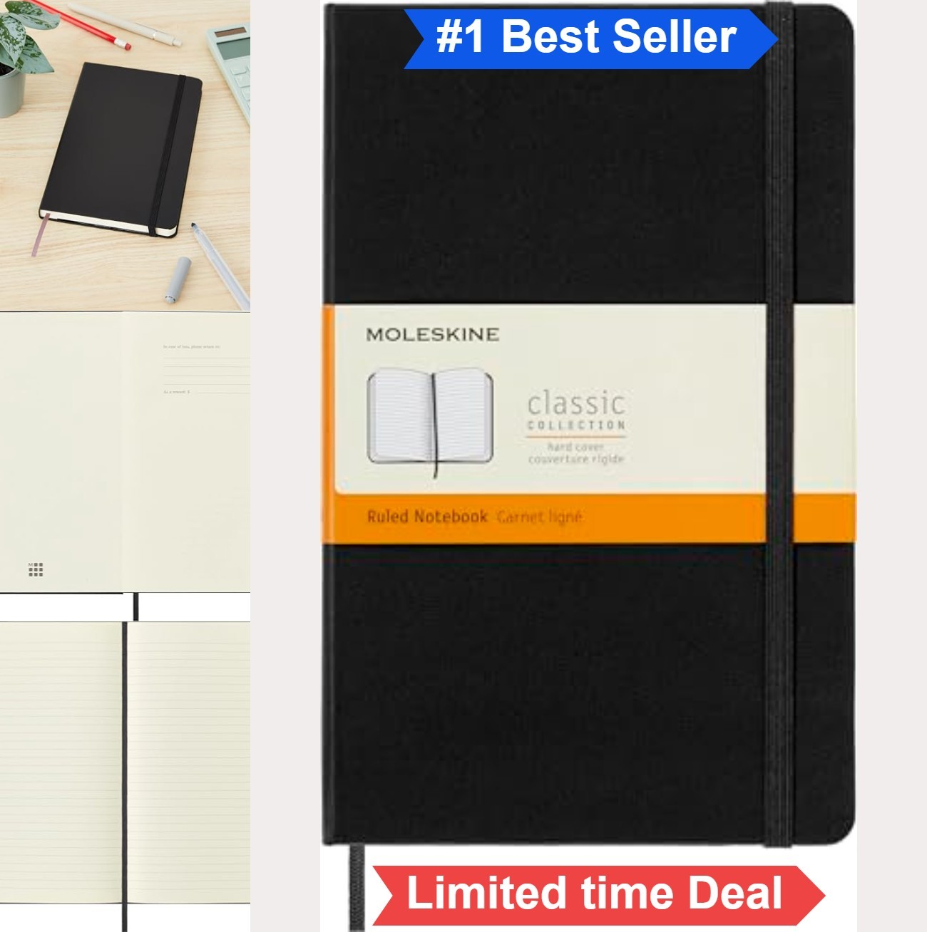 Large Ruled Notebook Black Hard Cover 5 x 8.25 Inch Executive Journal Writing