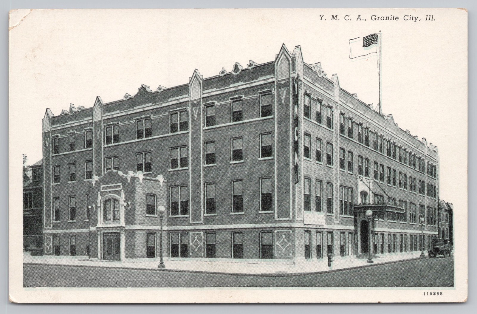 c.1930 Granite City, Illinois IL YMCA Building Street View Car Flag Postcard A6