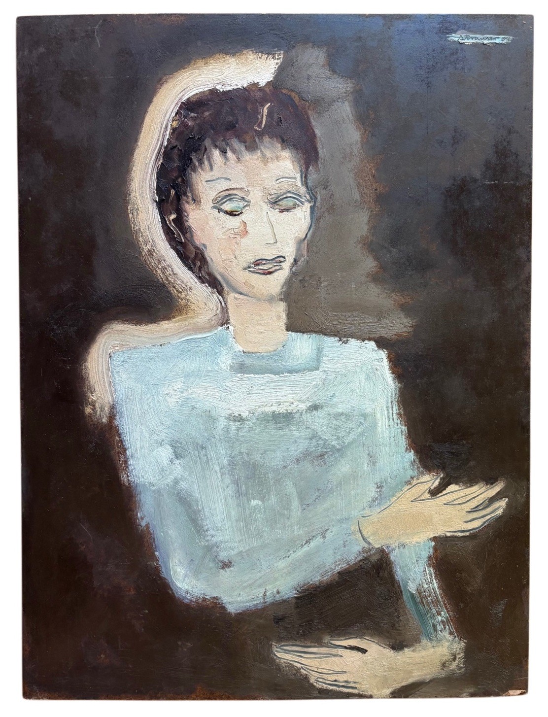 STERLING STRAUSER Original Signed Expressionist Oil Painting Portrait Woman 1984