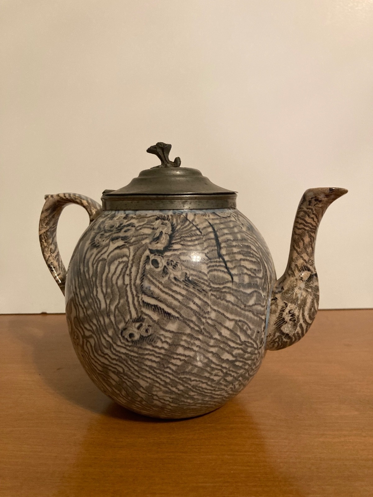 Early 19th C. Slipware Faux Bois Teapot Hinged Pewter Lid Early 19th C. Slipware Faux Bois Teapot Hinged Pewter Lid
