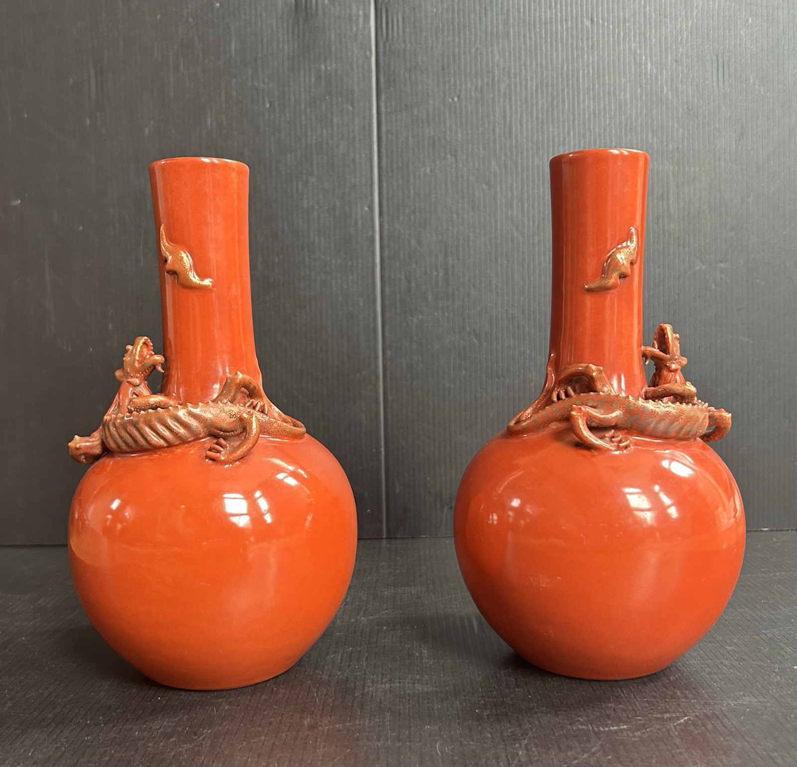 Pair Antique/ VTG ROC Chinese Iron Red Porcelain Bottle Vases Dragon Applied