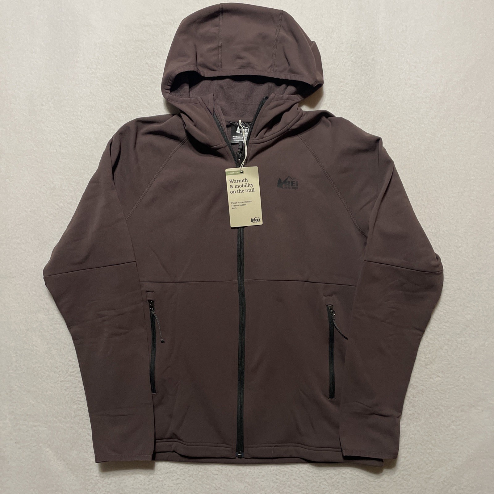 NEW REI Co-op Jacket Flash Fleece Hooded Hyperstretch Men\'s Medium Brown NWT NEW REI Co-op Jacket Flash Fleece Hooded Hyperstretch Men\'s Medium Brown NWT