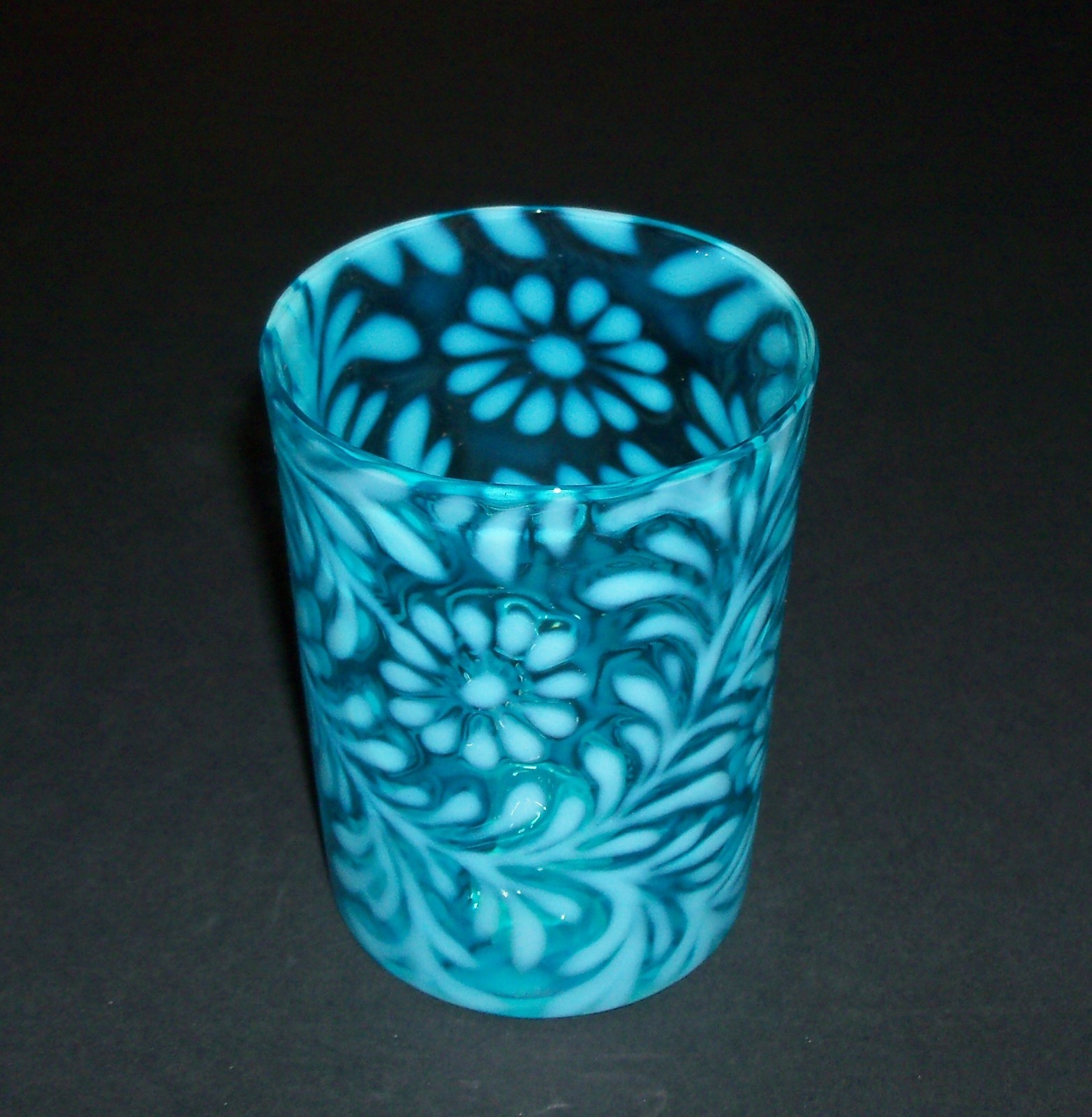 Antique EAPG Northwood Glass Blue Opalescent 8 oz Tumbler Daisy & Fern 3 5/8\ Antique EAPG Northwood Glass Blue Opalescent 8 oz Tumbler Daisy & Fern 3 5/8\