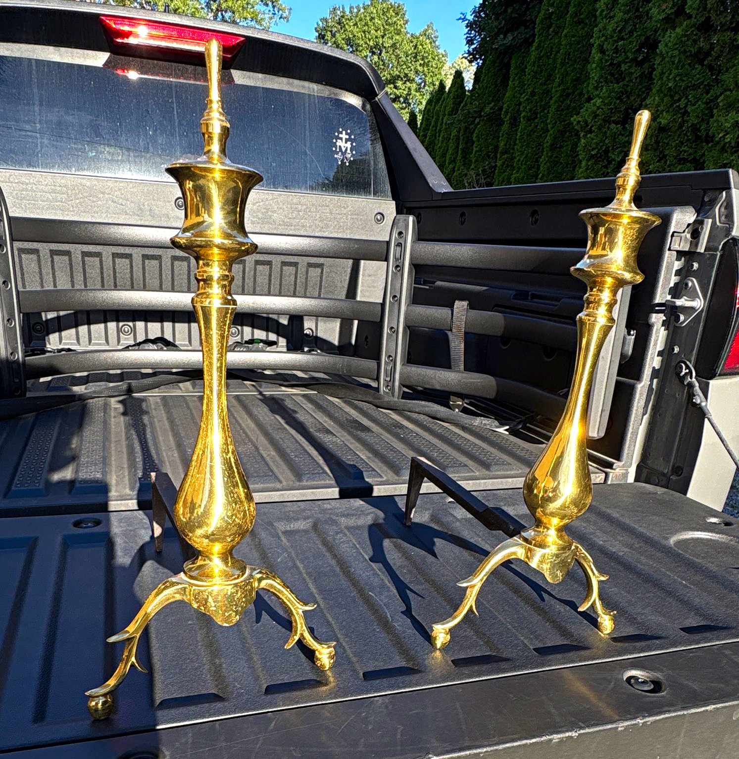 Vintage Brass & Cast Iron Fireplace Andirons Pair 17.5