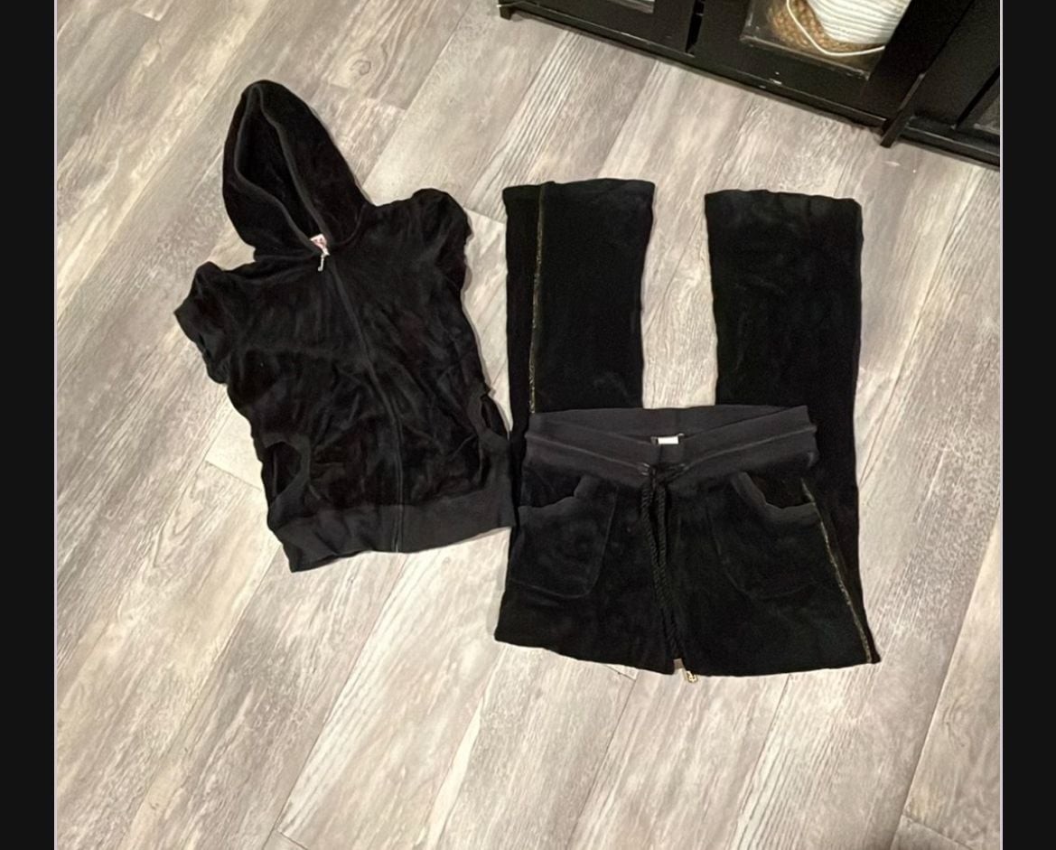 Juicy Couture Velour Tracksuit Black Short Sleeve Hoodie Pants