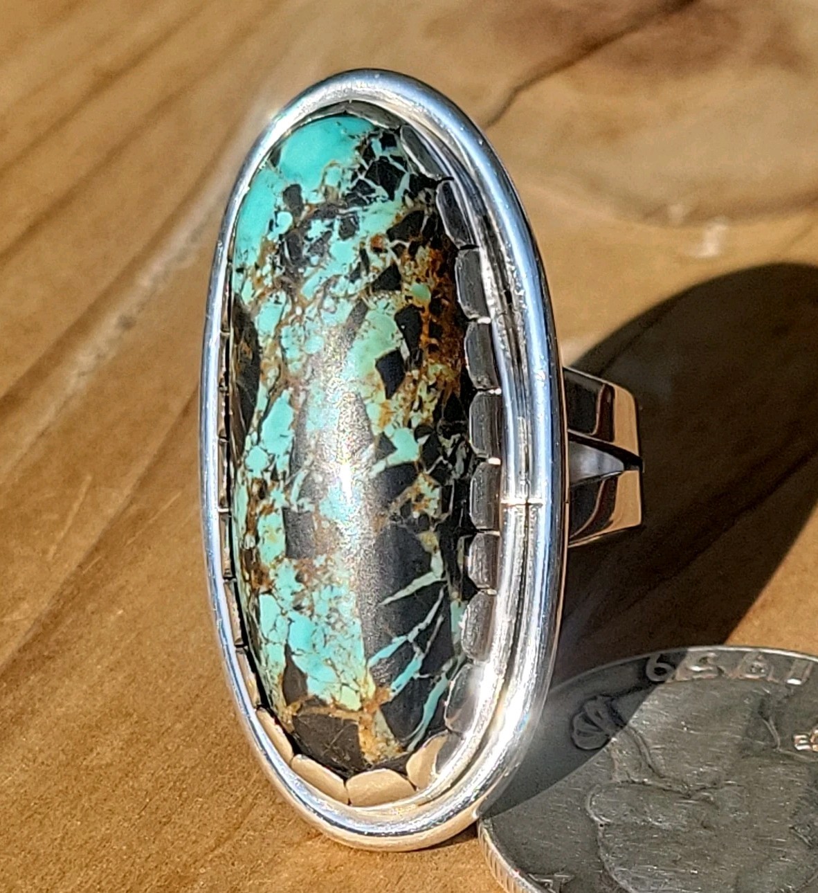 Natural Blackjack Turquoise Sterling Silver Handmade Ring Size 7.25  14.6g 