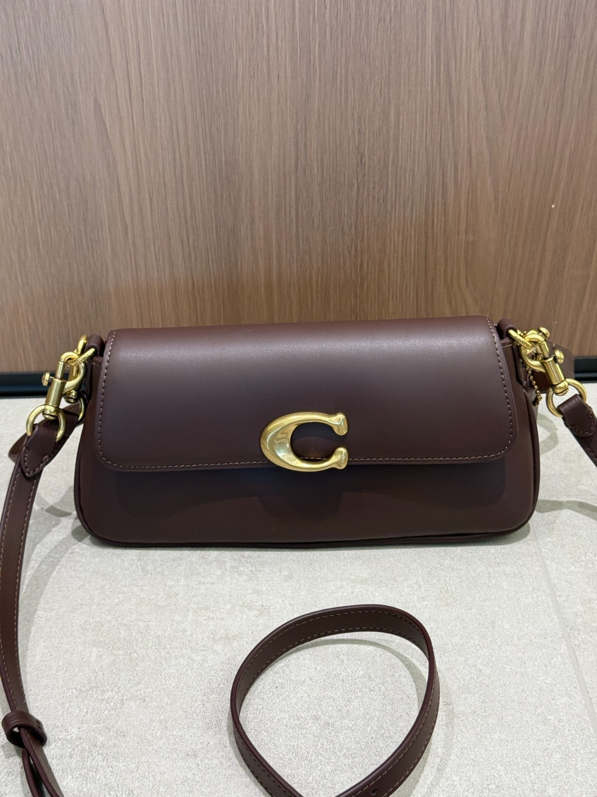 Coach CAM16 Jet Maple Brown Leather Shoulder Crossbody Baguette Bag pin