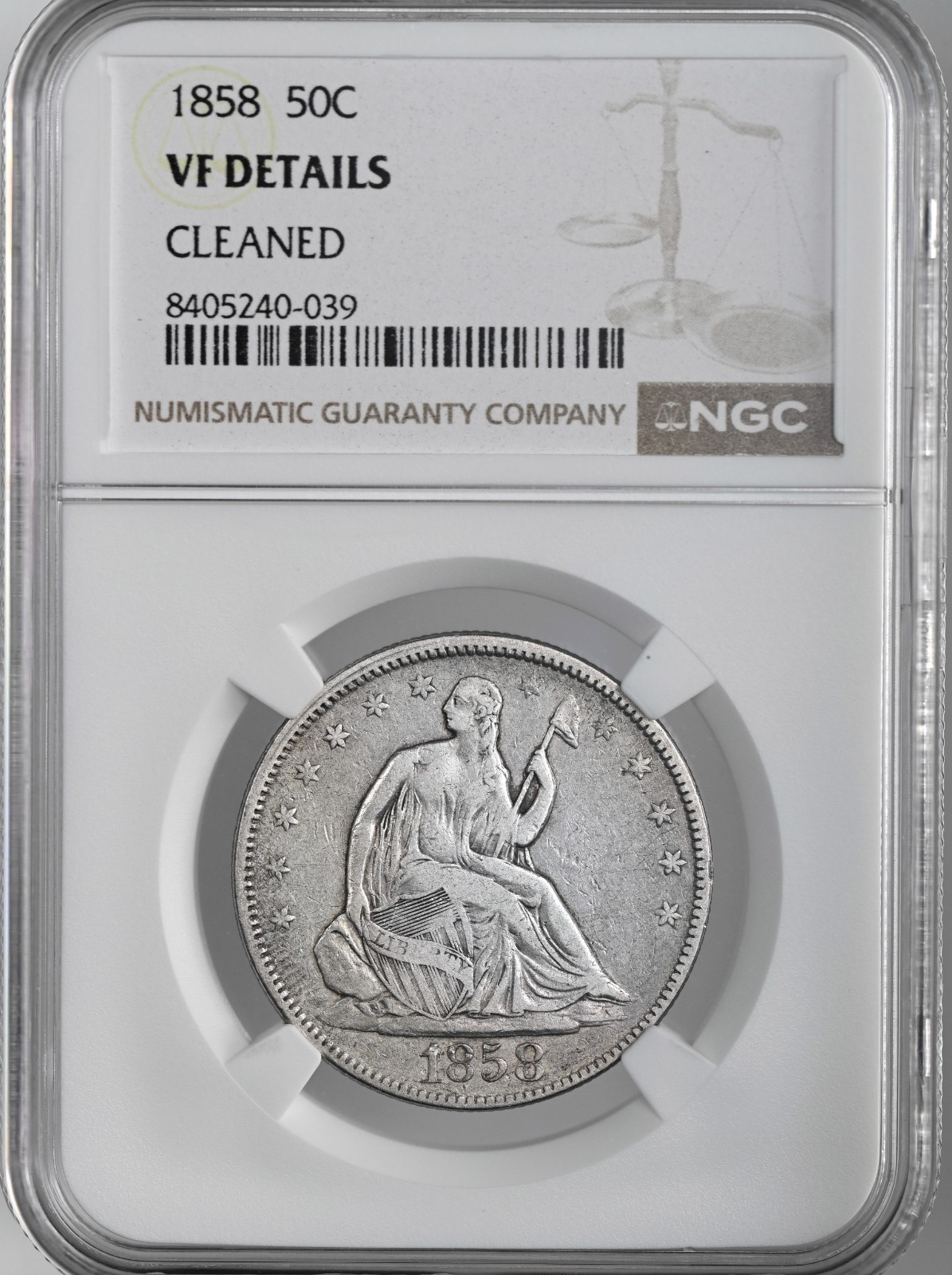 1858-P  50C SEATED SILVER HALF DOLLAR   NGC VF DETAILS \