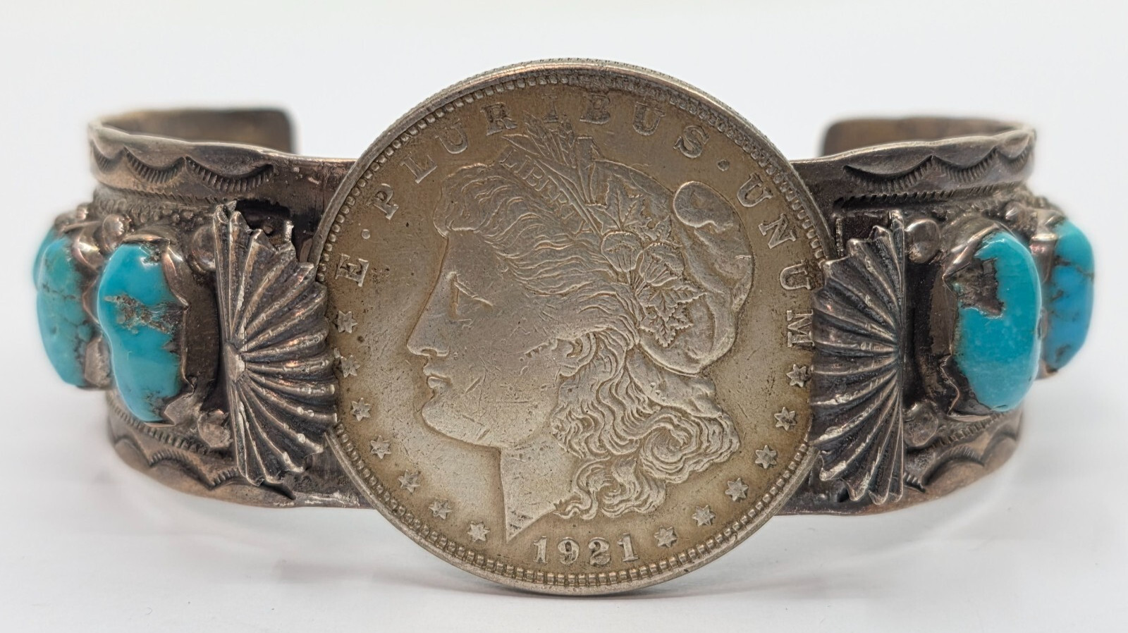Zuni Carmelita & Dan Simplicio Sterling Turquoise Morgan Dollar Cuff Bracelet