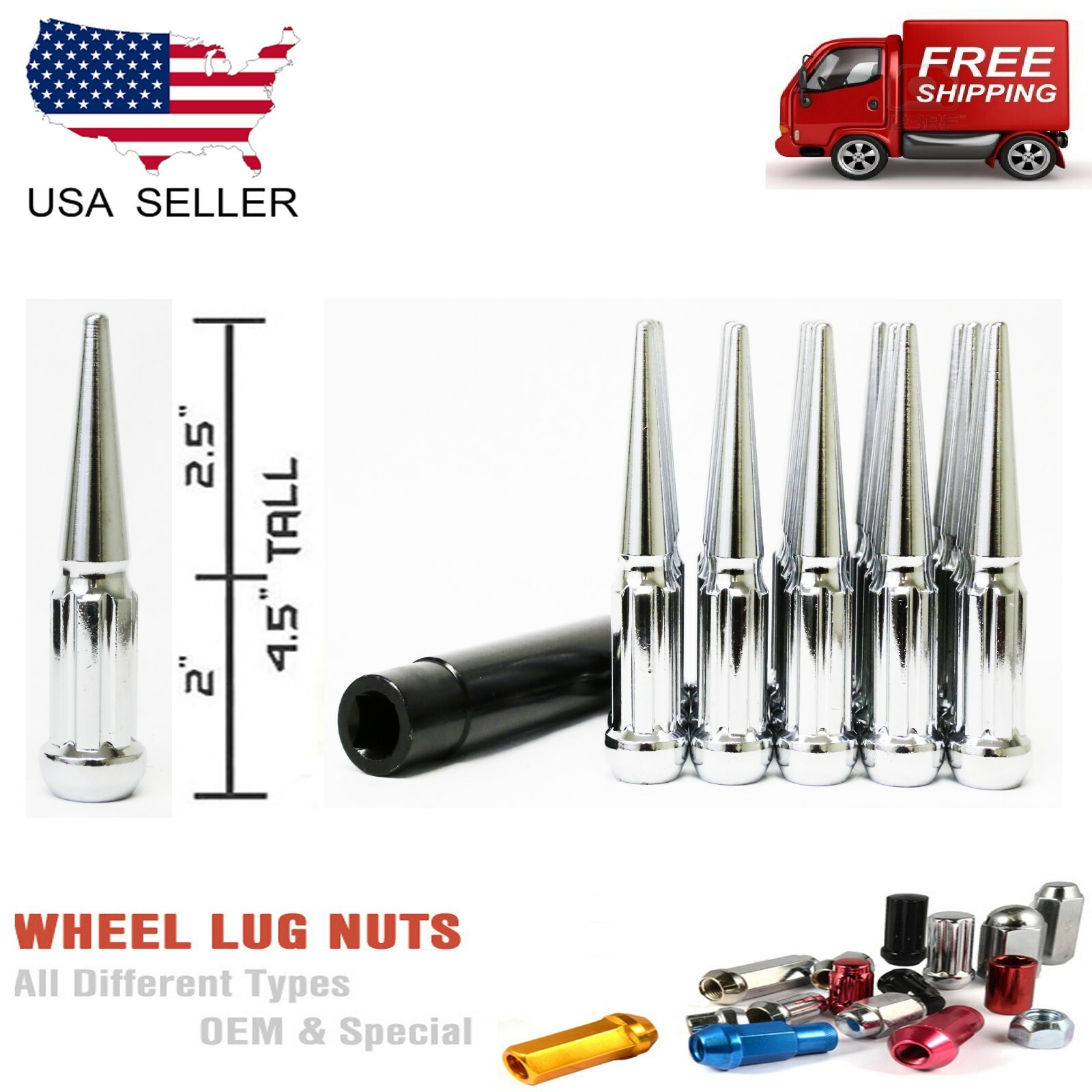 20PC 1/2x20CHROME 4.5”SPLINE SPIKE LUG NUTS FITS MUSTANG/WRANGLER+ANTI THEFT KEY 20PC 1/2x20CHROME 4.5”SPLINE SPIKE LUG NUTS FITS MUSTANG/WRANGLER+ANTI THEFT KEY