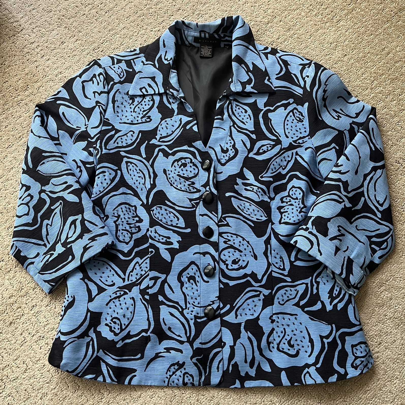 Silkland Sz L Blue Black Floral Beaded Button-up Collar Blouse Jacket 100% Silk 