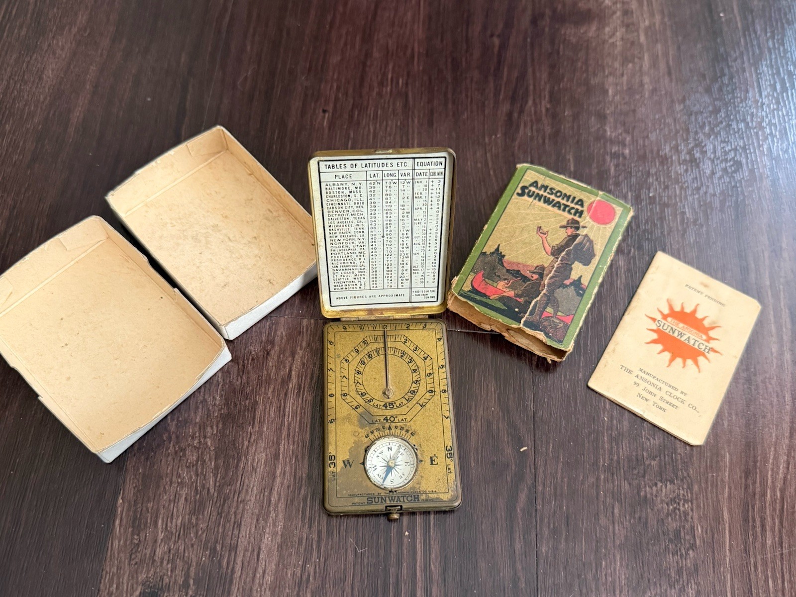 RARE ANTIQUE 1919 ANSONIA SUNDIAL SUNWATCH AND COMPASS USA BRASS PATINA RARE ANTIQUE 1919 ANSONIA SUNDIAL SUNWATCH AND COMPASS USA BRASS PATINA