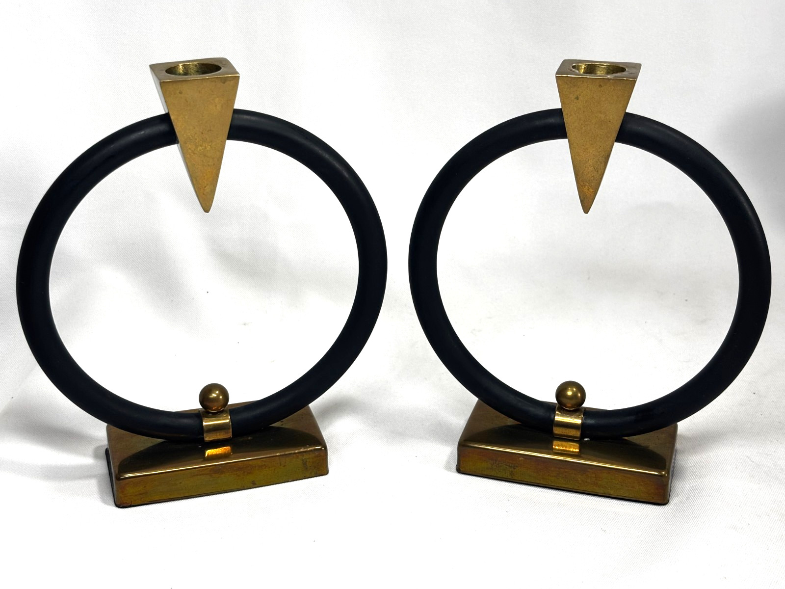 Vtg. Mid-Century Brass Triangular Circular Pair of Candlesticks 7.25\ Vtg. Mid-Century Brass Triangular Circular Pair of Candlesticks 7.25\