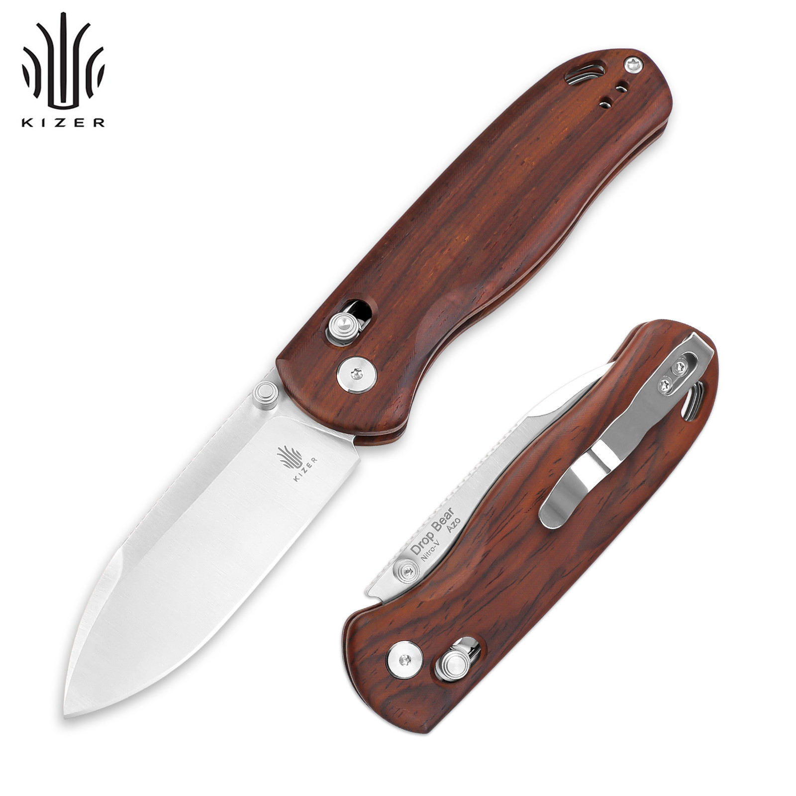 Kizer Drop Bear EDC Folding Pocket Knife Nitro V Steel Blade Wood Handle V3619A6
