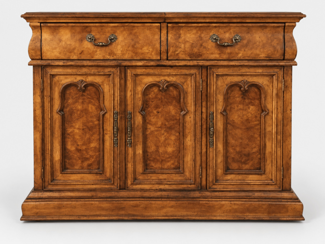 Vintage French Provincial Sideboard Buffet Burl Wood Veneer Ornate Brass