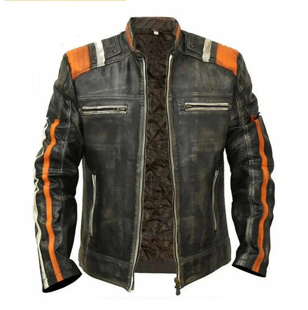 Men\'s Cafe Racer Retro 3 Biker Striped Distressed Black Real Leather Jacket