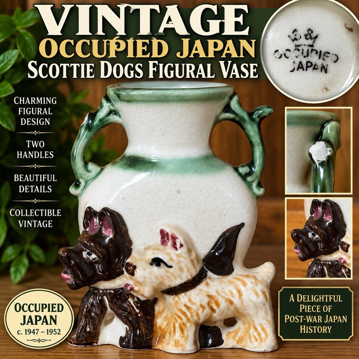 VTG Occupied Japan Scottie Dogs Figural Bud Vase 2 Handle Porcelain 1940s 50s